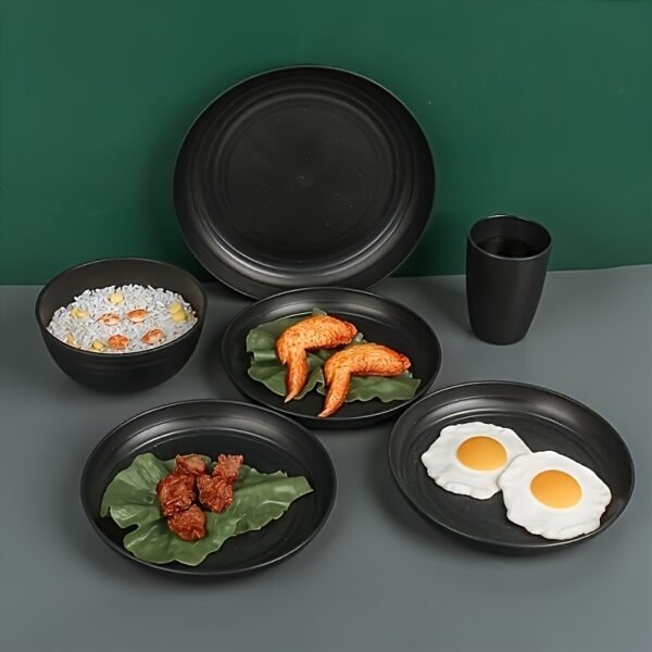 3abcc9ab-b96b-4054-b498-6db9e7721024.jpg 16-piece Unbreakable Plate Set, Shatterproof Dinnerware, Microwave and Dishwasher Safe, Reusable Tableware, Black Set Includes 8 Plates, 4 Bowls, 4 Cups