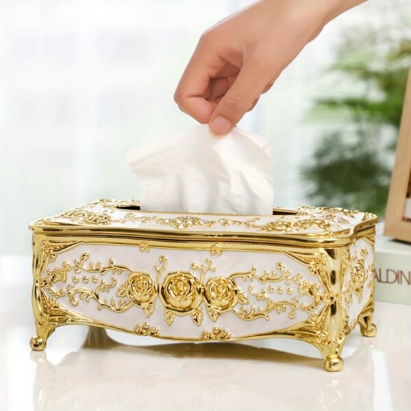 92d9501e-b682-4f9e-a6ac-5fb321d56f0a.jpg 1pc Rose Pattern Tissue Box, Light Luxury European And American Style Gold-Plated Tissue Box