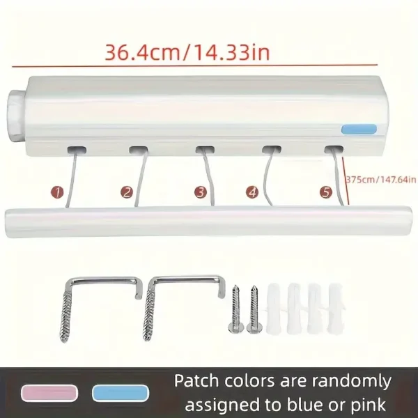 Retractable Clothes Drying Rope 3.75m Clothesline 5 Wires Wall Mounted Shrinkable Plastic Laundry Hanger Indoor Drying Rack