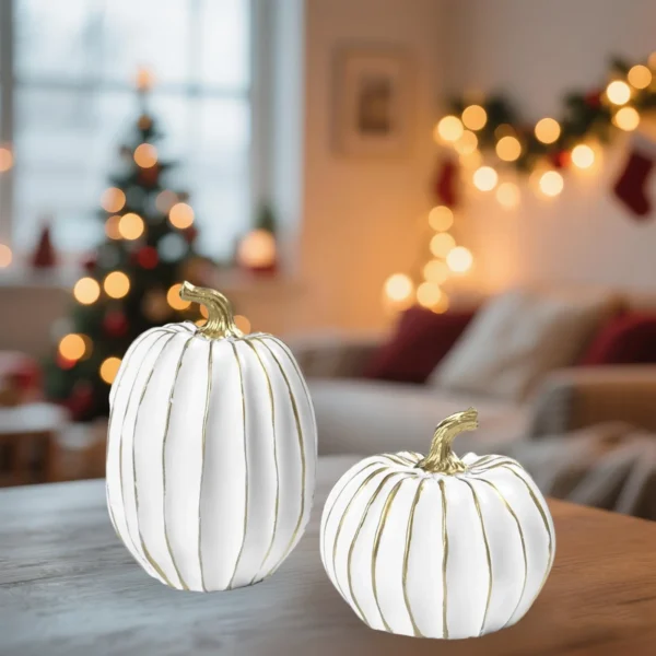 2pcs Fall Pumpkin Decor Vintage White and Gold Pumpkin Statue with Stem Table Centerpieces for Home