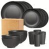 a0eae7d6-fca6-42f7-bc36-ec0902165cfc.jpg 16-piece Unbreakable Plate Set, Shatterproof Dinnerware, Microwave and Dishwasher Safe, Reusable Tableware, Black Set Includes 8 Plates, 4 Bowls, 4 Cups