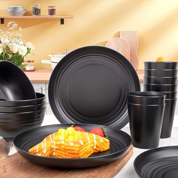 f9bd1beb-7515-4da0-999a-7978d10b1061.jpg 16-piece Unbreakable Plate Set, Shatterproof Dinnerware, Microwave and Dishwasher Safe, Reusable Tableware, Black Set Includes 8 Plates, 4 Bowls, 4 Cups